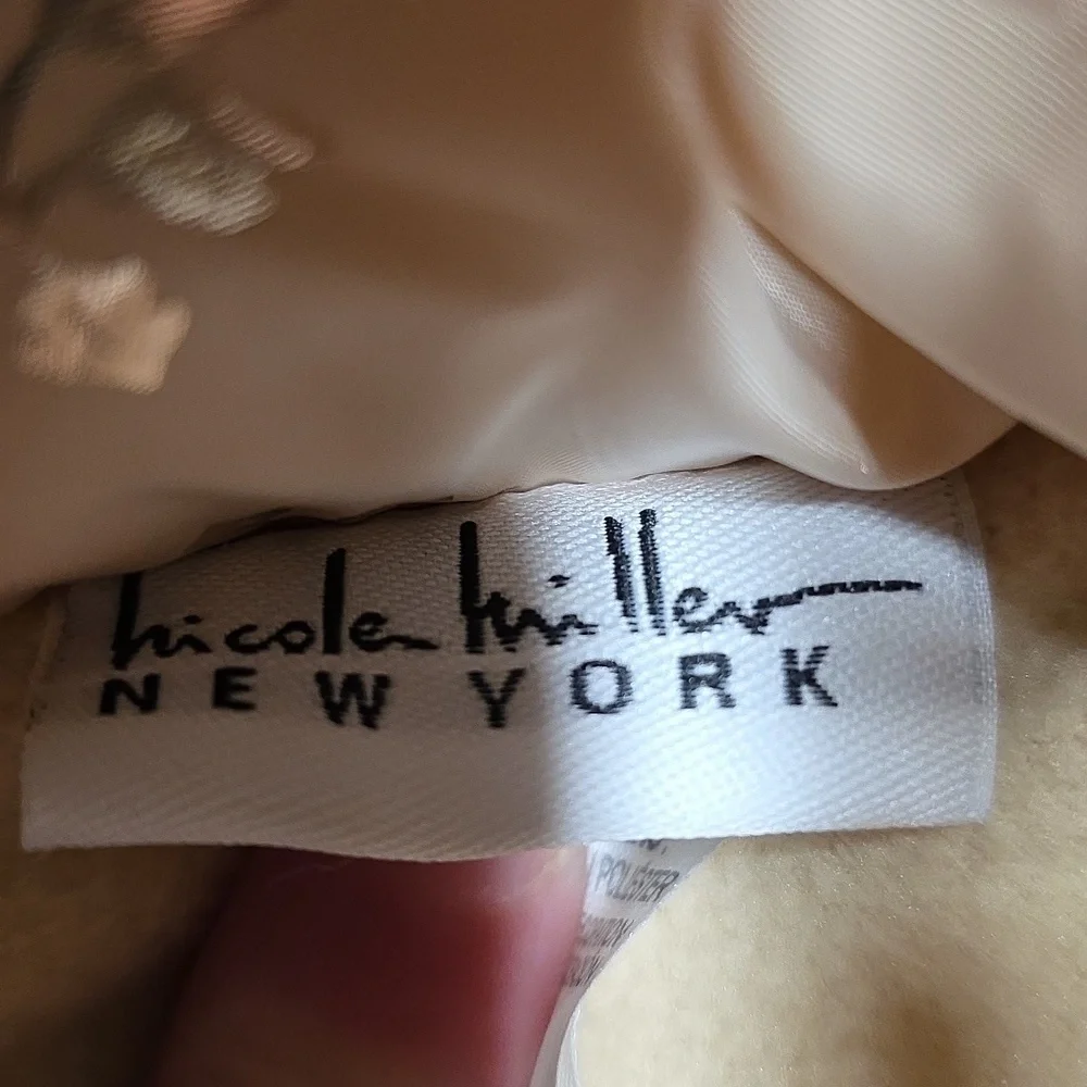 Nicole Miller-Tan Puffer Coat with Metallic Gold Flower Design. Size 5